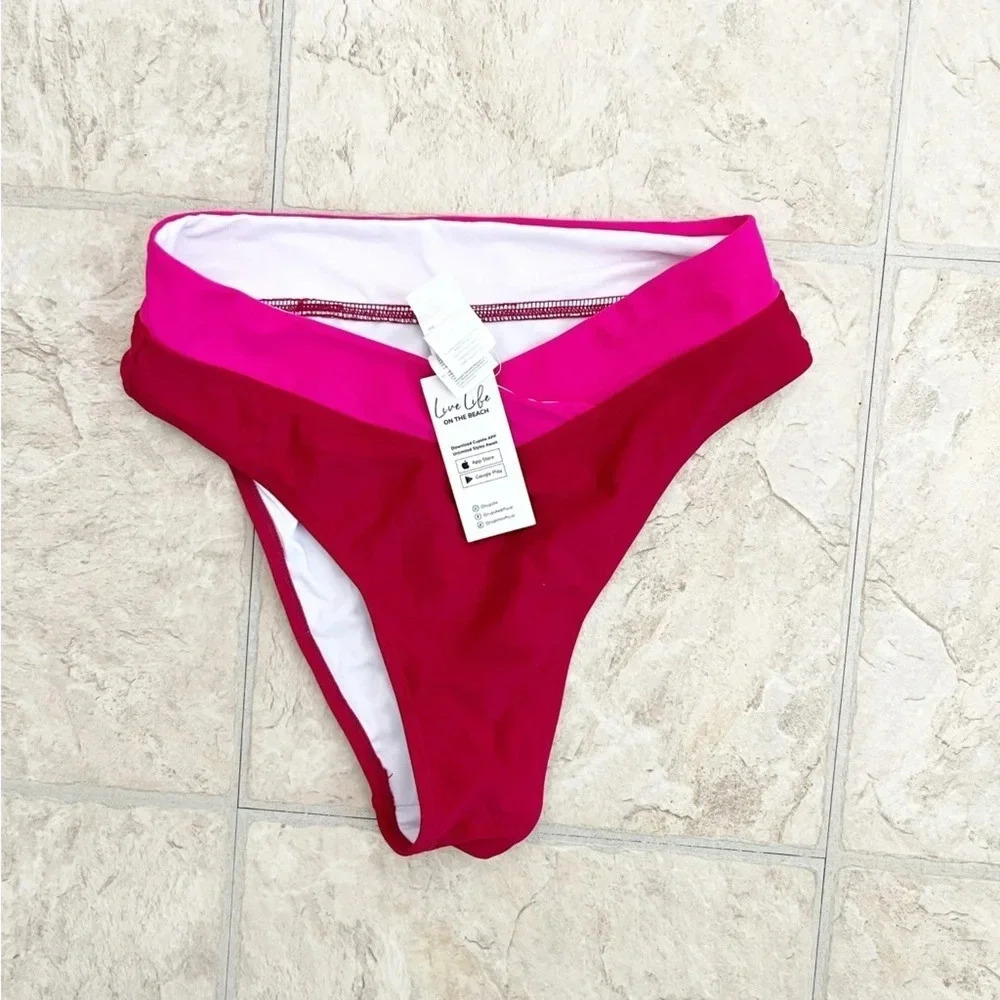 NWT Cupshe Colorblock Hidden Wonders Top XS & V-Front Bikini S Bottom Barbiecore - Picture 5 of 11
